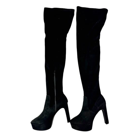 H & M Thigh High Platform Boots Stretch Faux Suede Black 10 - Picture 5 of 16